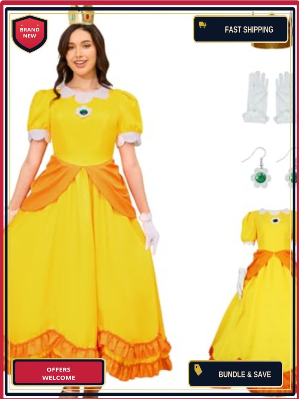 Princess Cosplay Costume Set Puff Sleeve Gown Crown Earrings Gloves